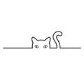 Linear illustration of a cute muzzle of a black cat with a tail